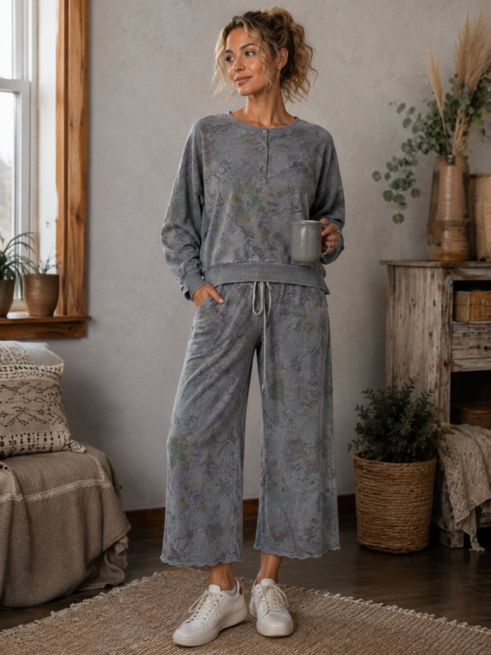 Easel Set Charcoal Mineral Wash Floral Loungewear French Terry Sweatshirt Pants